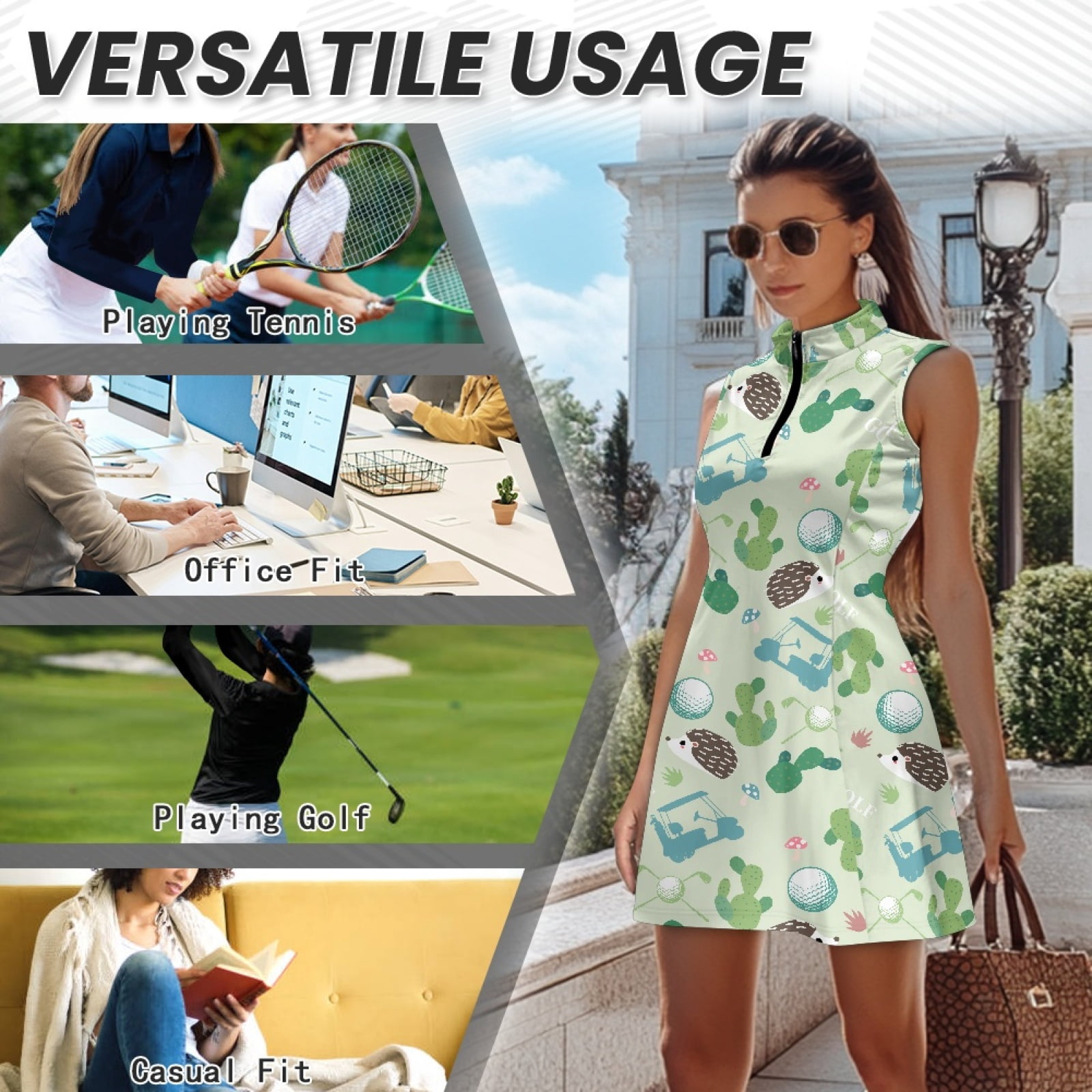 COEQINE Golf Dresses for Women Sleeveless V-Neck Breathable Exercise Dresses with Shorts 2 Pockets Golf Ball Cart and Cactus Print Golf Outfits with 2 Piece Set, S