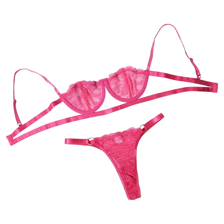 Neon Pink Floral Lace Lingerie Set