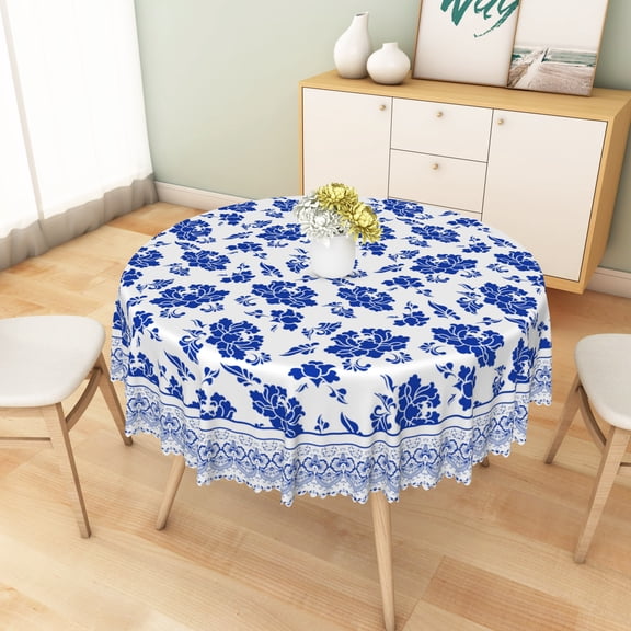 Waterproof Round Tablecloth,Indoor Outdoor Party Dining Room Table Decor,60 Inch,Blue White Floral