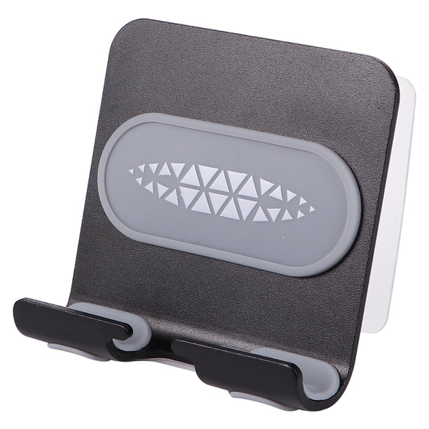 Base metálica para teléfono móvil, soporte de pared adhesivo sin perforaciones, creativo, antideslizante, con ángulo ajustable, para baño y cocina (marco negro, almohadilla gris)