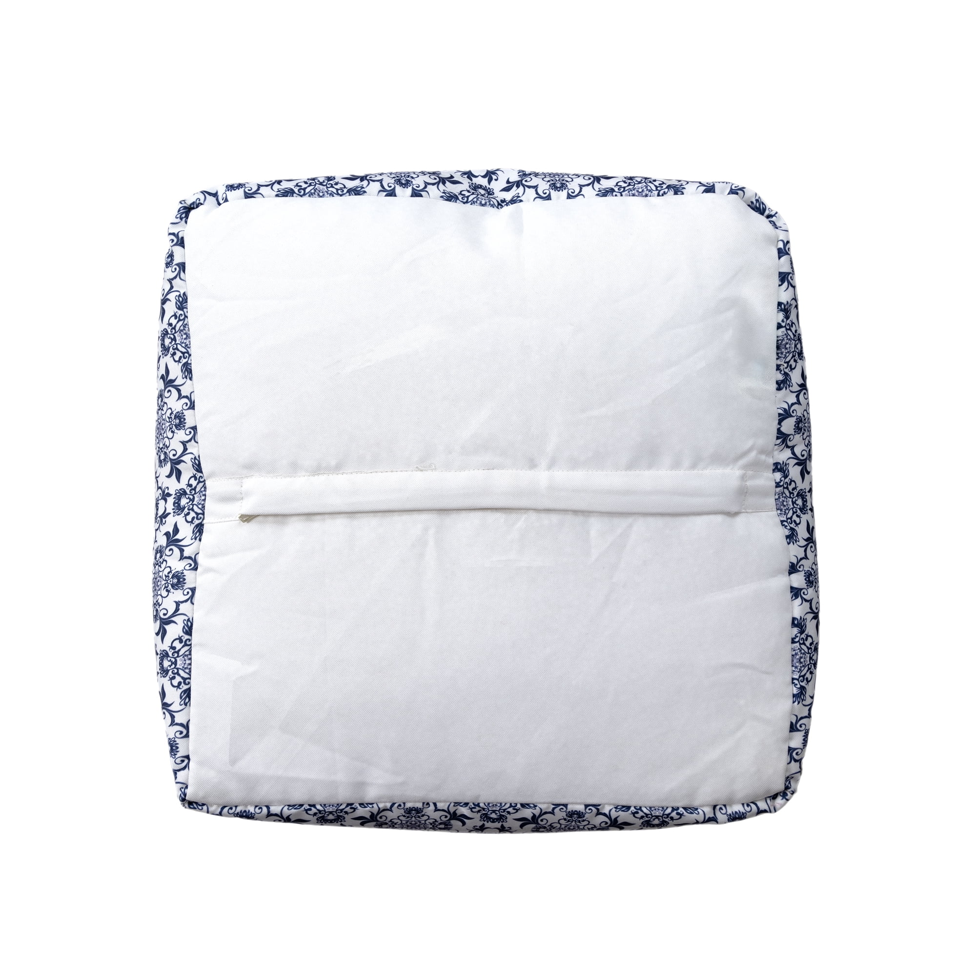 Ox Bay Orlando Blue/White Damask Medium Square Indoor Pouf Ottoman, 18" H x 18" W