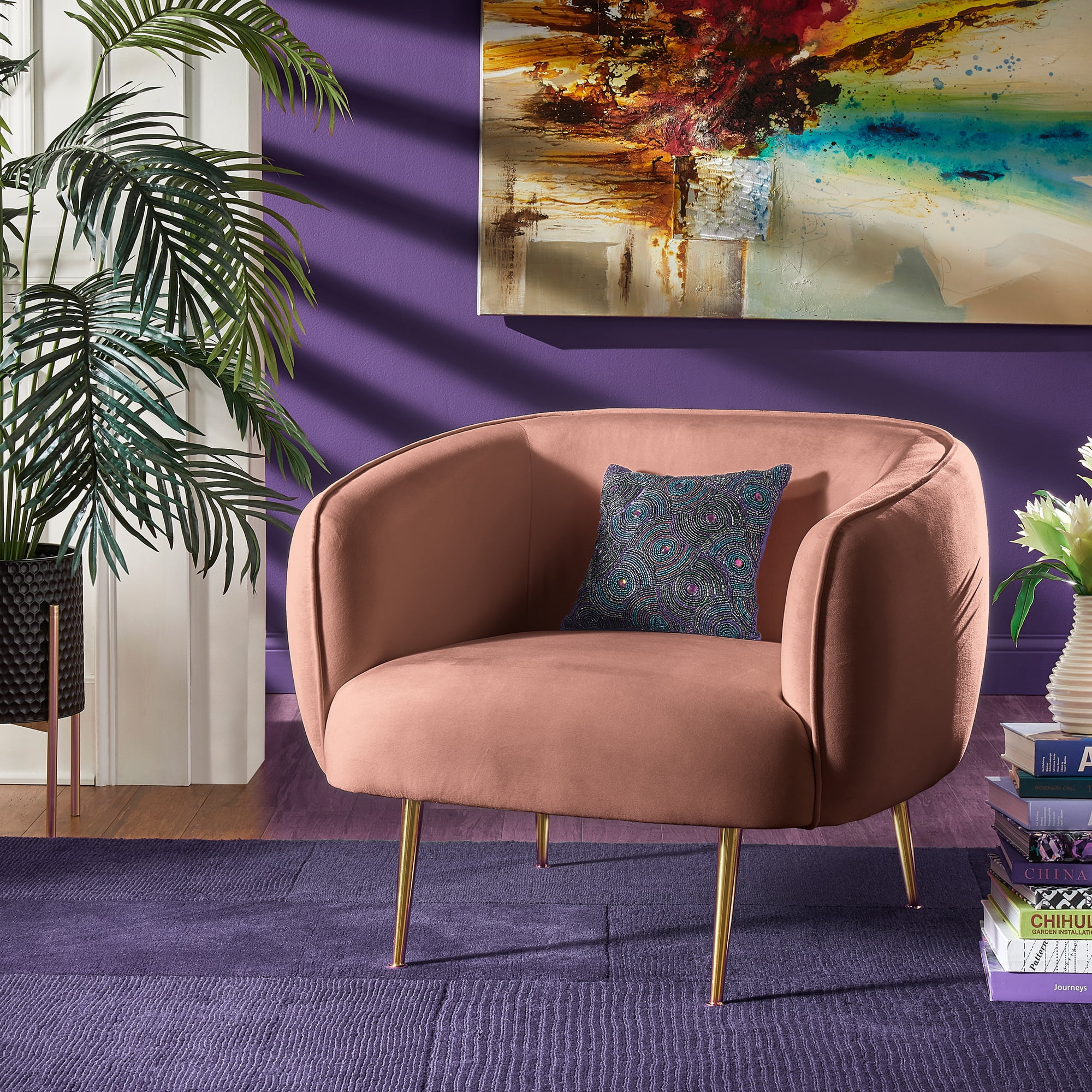 Ember Interiors Cuno Brass Finish Velvet Upholstered Accent Chair, Blush Pink