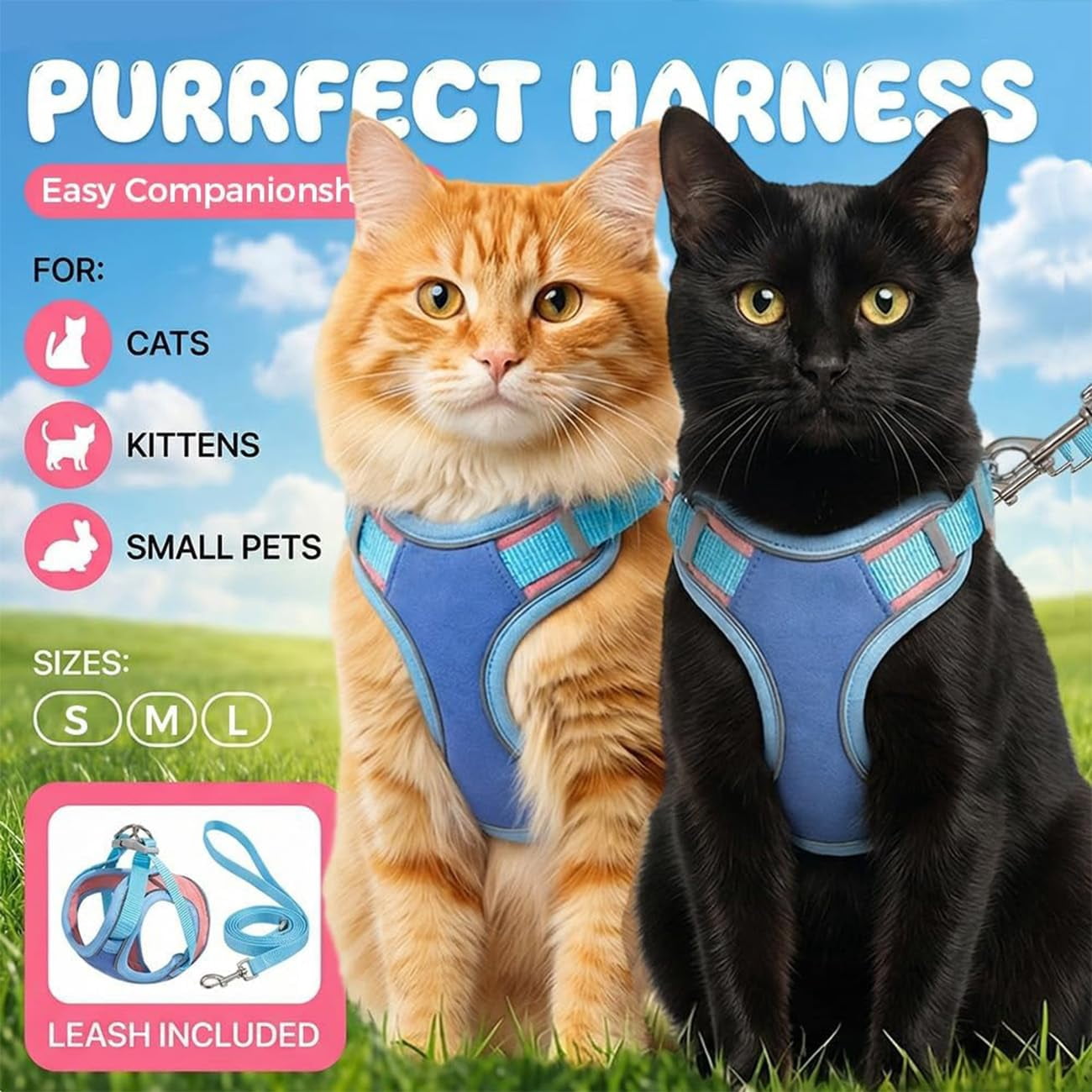 Cat Harness and Leash, Escape Proof Adjustable Step-in Cat Vest Harness, Soft Suede Reflective Pet Harness for Walking, for Kittens, Small Medium Cats, Rabbits & Small Dogs