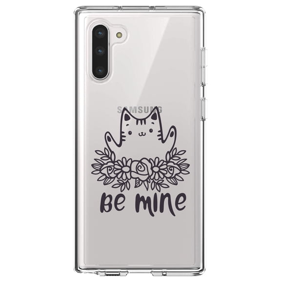 DistinctInk Clear Shockproof Hybrid Case for Samsung Galaxy Note 10 (6.3" Screen) - TPU Bumper Acrylic Back Tempered Glass Screen Protector - Valentine Cat - Be Mine Flowers