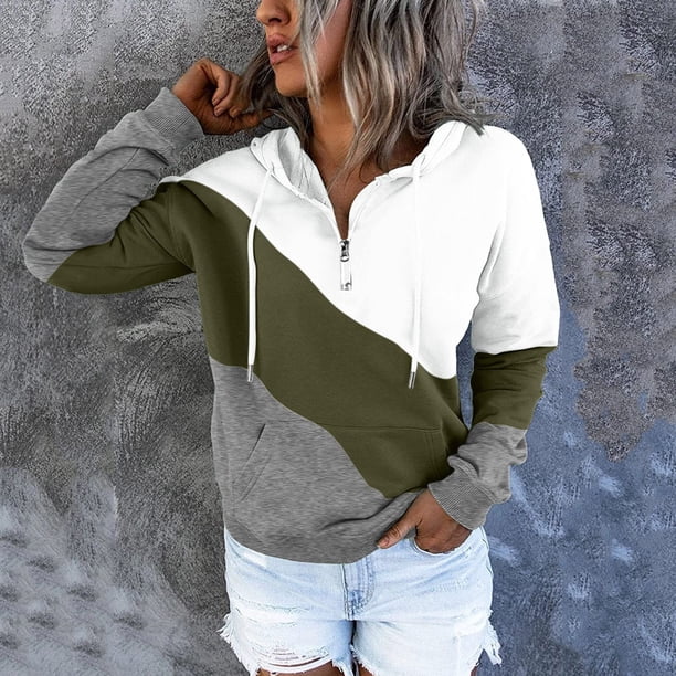 ICHUANYI Clearance Womens V-neck Long Sleeve Zipper Colorblock Sweatshirts Hoodies Pocket Tunic Tops With Drawstring(Army Green, XL) ICHUANYI WER2023080915134