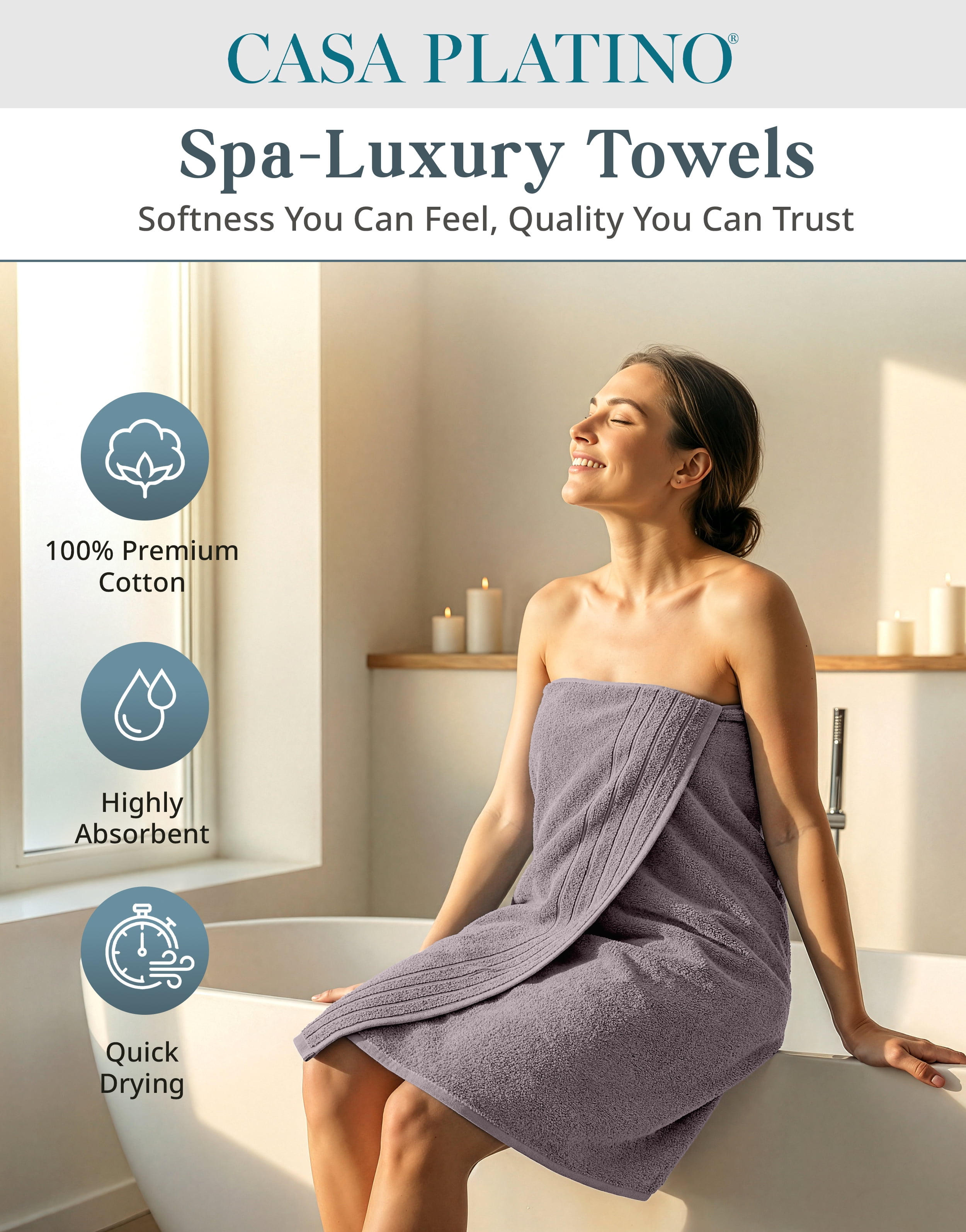Casa Platino 100% Ring-Spun Cotton Bath Towel Set of 8– 2 Bath, 2 Hand Towel & 4 Washcloths, Quick-Dry, Luxuriously Soft & Durable, Perfect for Everyday use – Platinum