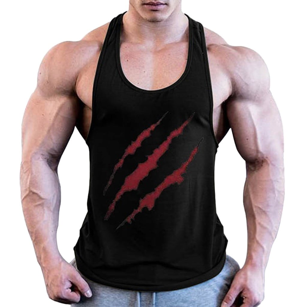 SFEHEO Men Fitness Muscle Print Sleeveless Bodybuilding Tight-Drying Vest Tops Blouses 