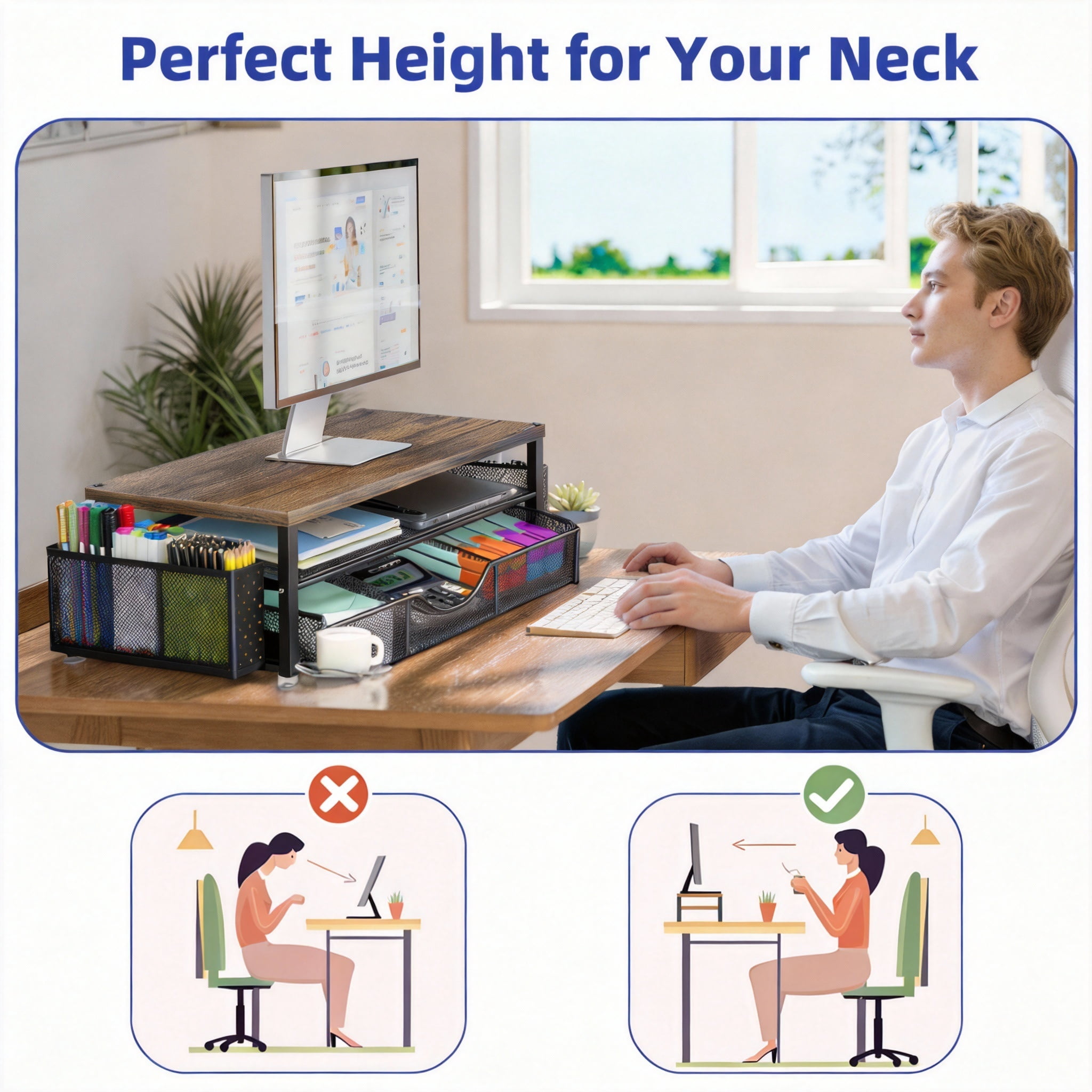 Desk Organizers and Accessories, 2 Tier Monitor Stand Riser with Drawer and 2 Pen Holder for Offices and Dormitories (Wood)