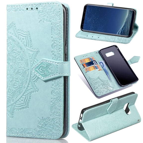 Galaxy S8 Wallet Cases and Covers, Allytech Slim Premium PU Flip Stand Cover Mandala Embossed Full Body Protection with Card Holder Magnetic Closure for Samsung Galaxy S8 Phone, Green