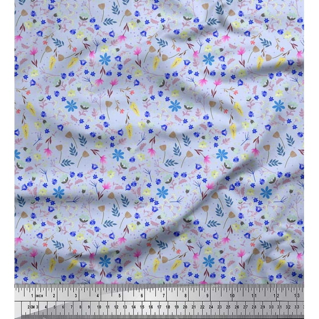 Soimoi Tissu Crêpe Polyester Bleu Feuilles, Insectes & Floral Décor Artistique Tissu Imprimé BTY 52 Pouces de Large