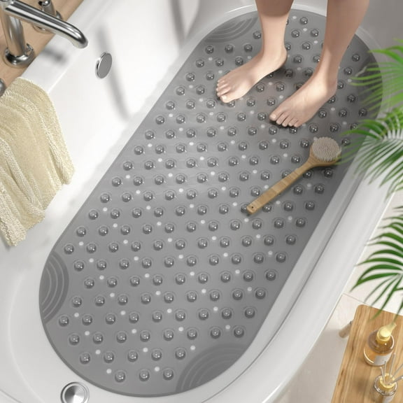 GFJASH-Oval Non Slip Bathtub and Shower Mat, 35 x 16 Inch Long Bath Mat for Bathroom, Quick Dry Bathtub mat with Drain Holes and Suction Cups, Machine Washable Shower Floor mat, Grey