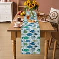 thumbnail image 2 of Blue Fishes Table Runner 90 Inches, Cartoon Coastal Ocean Fish Striped Wooden Bed Runner Dresser Scarves Tabletop for Indoor Outdoor Parties/Ceremony/Banquet, 13" x 90", 2 of 9