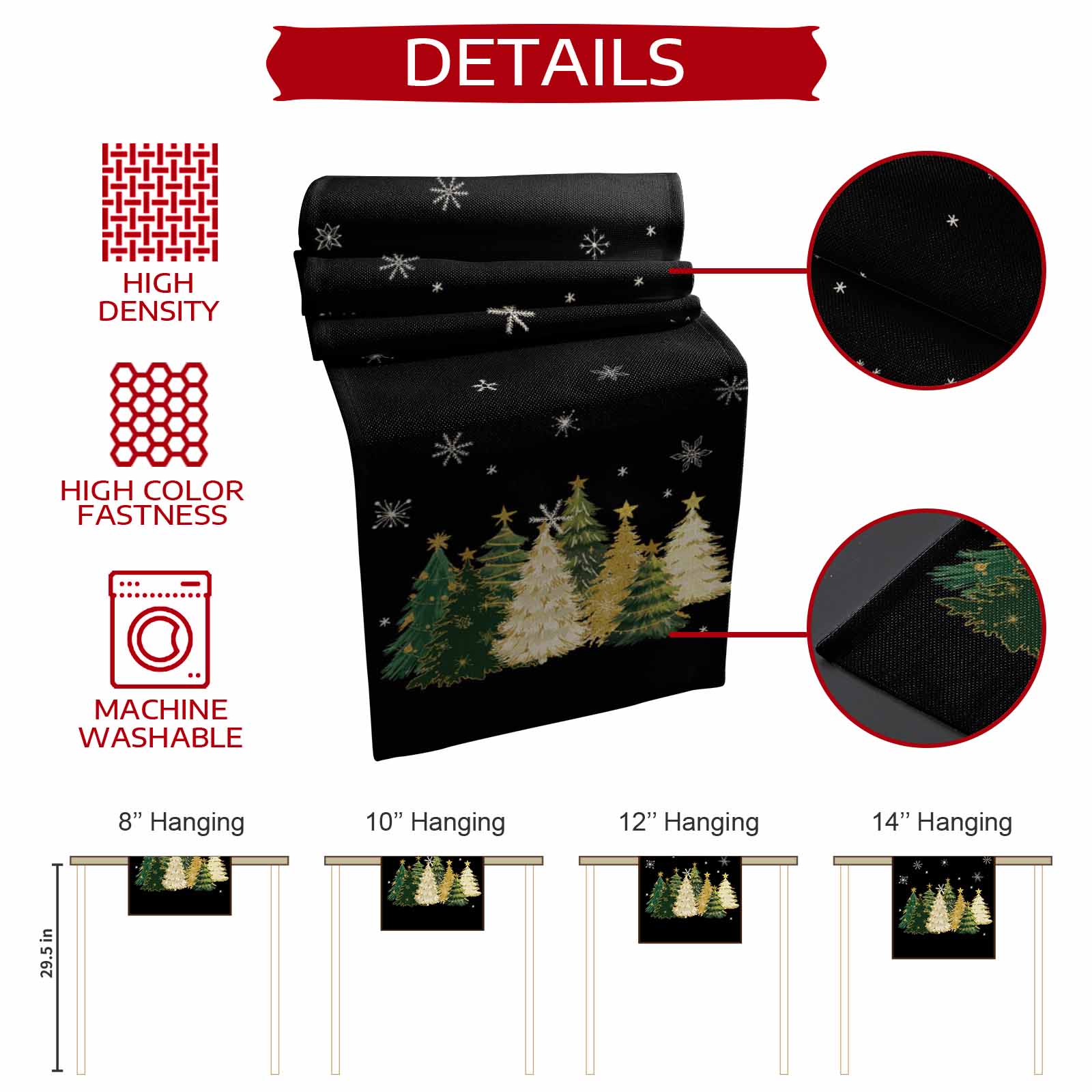 Black Christmas Tree Dresser Scarf Farmhouse, Dining Table Decorations for Wedding/Parties, Xmas Tree Winter Snowflake Table Runner 60 Inches Long for Kitchen Dining, 13 x 60 In