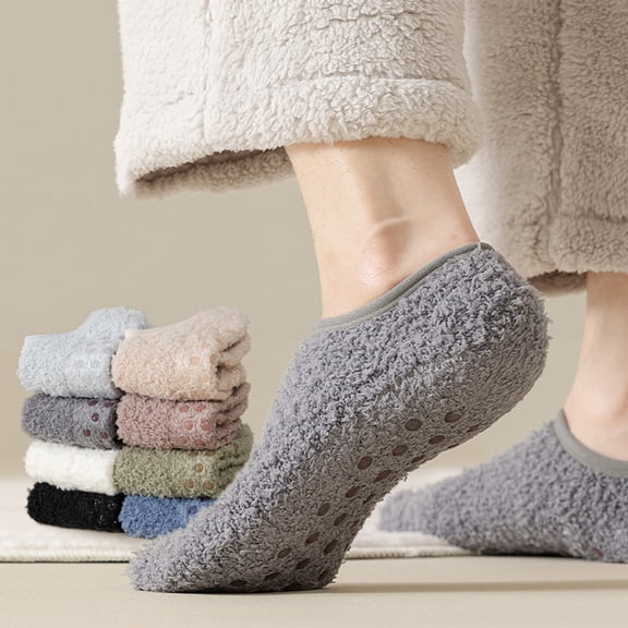 Mens Plush Lined Low Cut Home Socks Anti Slip Warm Bedroom Socks Solid Color Casual Indoor Socks Black One Size