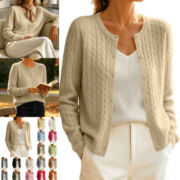 Gamivast Cable Knit Cardigan Sweaters for Women Button Down Long Sleeve Crewneck Casual Soft Fall Outerwear Classic Cozy Lightweight Knitwear for Everyday Office Wear
