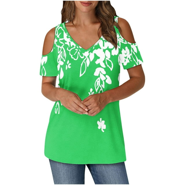 Tops de Algodón para las Mujeres Impresión de Manga Corta Cuello en V Fuera Del Hombro Blusa de Moda, Imitación de Algodón para el Hogar Diario