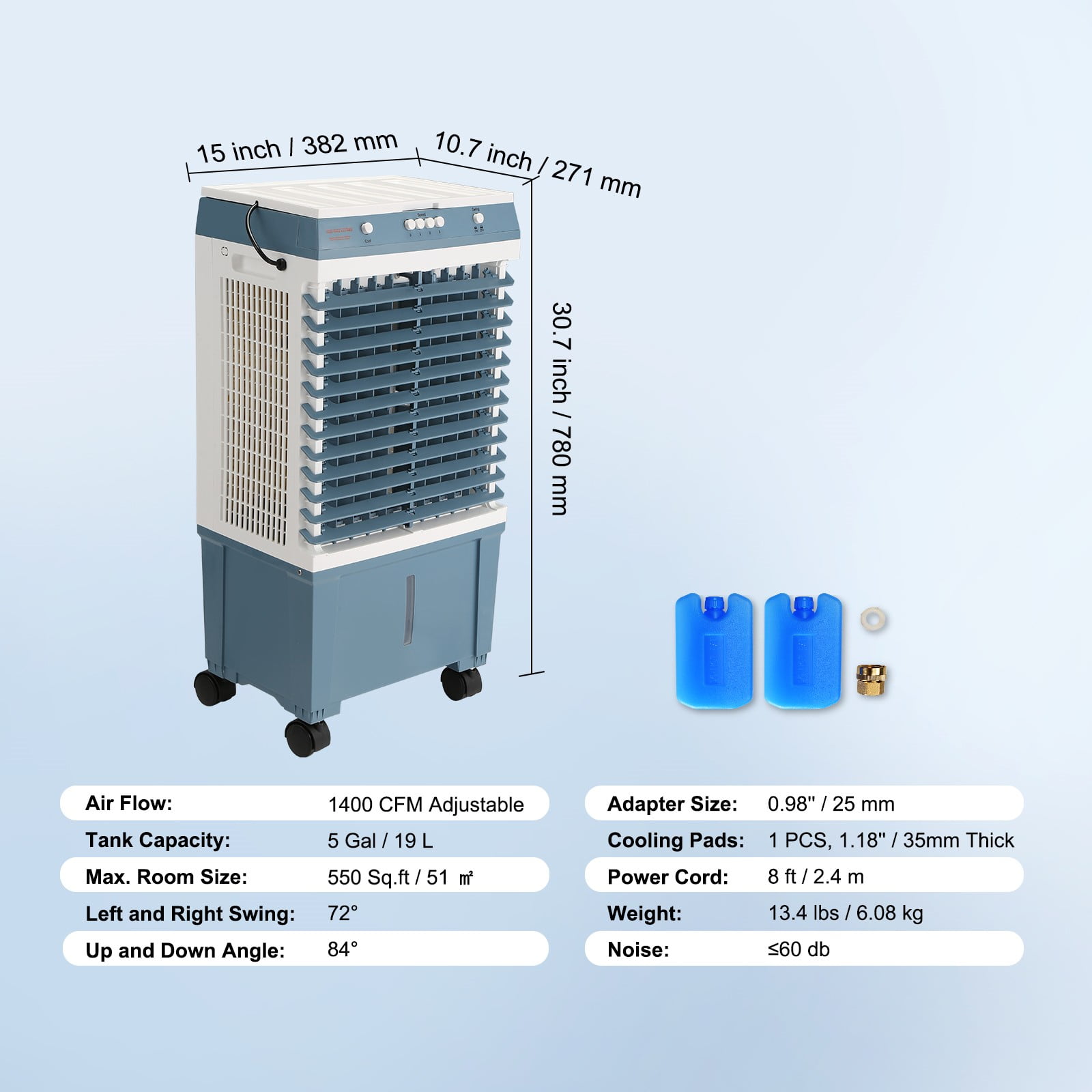 BENTISM 3-in-1 Evaporative Cooler, 5 Gal/19 L Portable Air Cooler 1400 CFM Swamp Cooler Air Cooler, 3 Wind Speeds for Outdoor Indoor Use