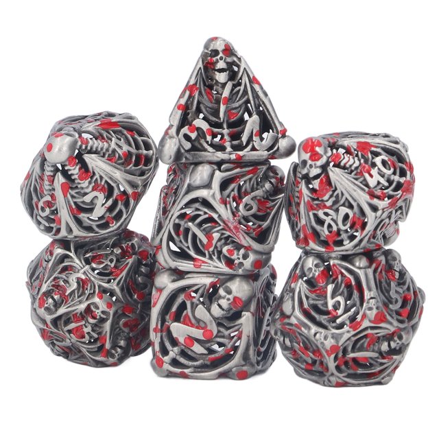 Dados poliédricos huecos, 7 piezas Juego de mesa con patrón de mancha de sangre de calavera Dados poliédricos Dados poliédricos Resultados impresionantes