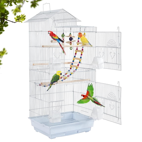 NiamVelo 39 inch Metal Bird Cage for Parakeets, Roof Top Parrot Cage with Toys Flight Pet Cage for Outdoor&Indoor,White