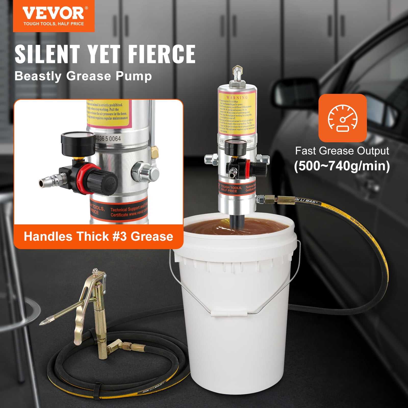 VEVOR Grease Pump, 50:1 Pressure Ratio Air Operated Grease Pump with 13 ft High Pressure Hose and Grease Gun, Pneumatic Grease Pump, Portable Lubrication Grease Pump with 360° Swivel Grease Gun Head