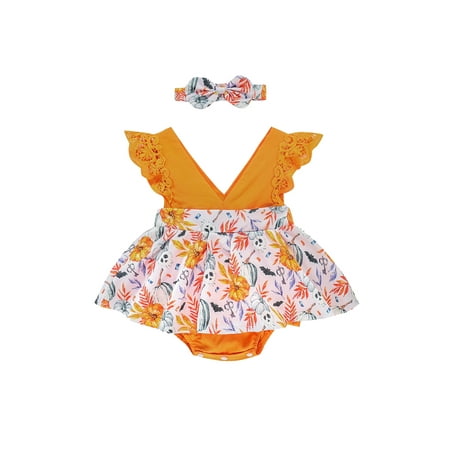 

Binpure Girl’s Pumpkin Printed Hem Flounce Fly Sleeve Romper and Headband