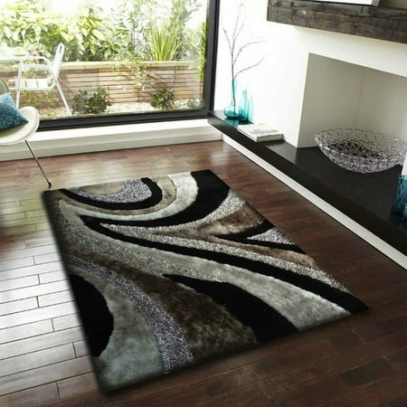 Rug Size 5'x7' Shaggy Rug In Gray and Black with Cotton Backing. 100% Polyester with Two type of Yarns, Appx. Two Inch Pile Height Thickness