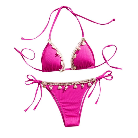 Arnsht Women's Shell Decoration Triangle Split High Waist Bikini Bathing Suit Halter High Waist Summer Swimsuit Bikinis Set Hot Pink L