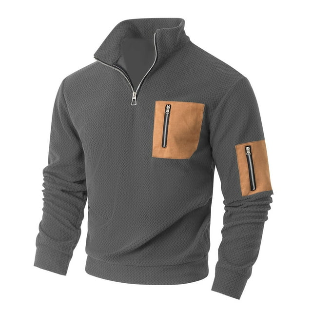 Kalauyu Men's Fleece Long Sleeve Sweatshirt Stand Collar Button Up Pullover Elbow Panel Sweatshirts for Men