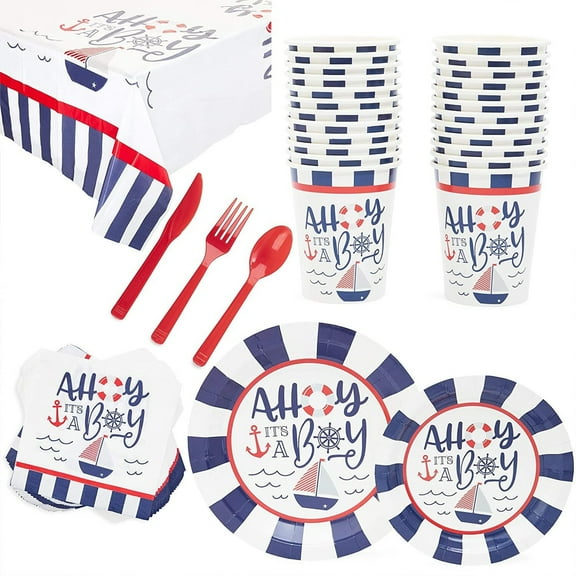 Sparkle and Bash Nautical Decor - 169-Piece Set, Blue & White - Nautical Theme Serves 24 - Ahoy It’s a Boy Baby Shower Supplies with 7" & 9" Plates, Napkins, Cups & Cutlery - Tablecloth