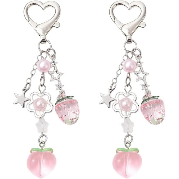 1 Box 2Pcs Strawberry Heart Keychain Fruit Keychains Charms Pink Resin Peach Acrylic Alloy Heart Swivel Clasp Pendants Key Chains Accessories for Handbags