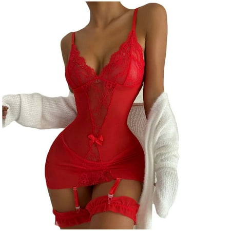 

DORKASM Womens Teddy Sexy Sleepwear Bow Nightgown Chemise V Neck Lace Babydoll with Garter XL