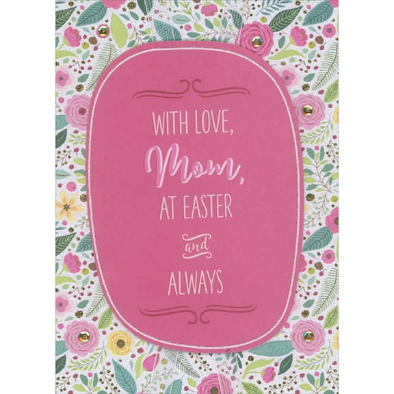 Designer Greetings Pink 3D Die Cut Banner with Thin Glitter Border Over White Crisscross Ribbon on Floral Background Hand Decorated Easter Card for Mom