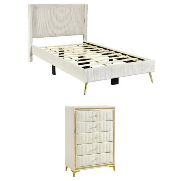 Home Square 2-Piece Set with Platform Twin Bed and 5 Drawer Chest in Cream