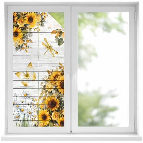Window Privacy Film Farmhouse Sunflower Stained Glass Window Film Decorative Sun Block Window Cover Vintage Daisy Butterflies Gray Wood Window Clings Static Adhesive Sticker for Bathroom 19.6"x39.3"