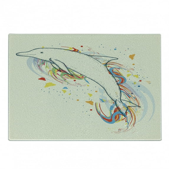 Modern Cutting Board, Dolphin Fish with Rainbow Colors Adventure Ocean Animal Illustration, Decorative Tempered Glass Cutting and Serving Board, Small Size, Multicolor, by Ambesonne