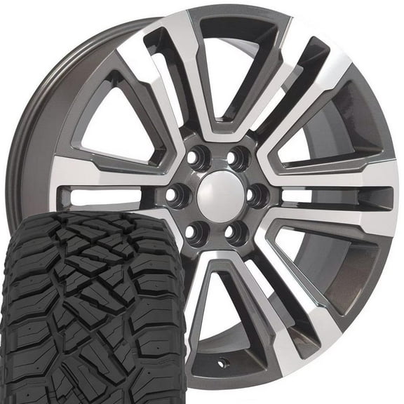 OE Wheels CV44 22 Inch Rims and Tires Fit Yukon Denali Style 6x139.7 22x9 Gloss Gunmetal Machined - Hollander 5822 - TerraMax RT 285/45-22 (Set of 4)