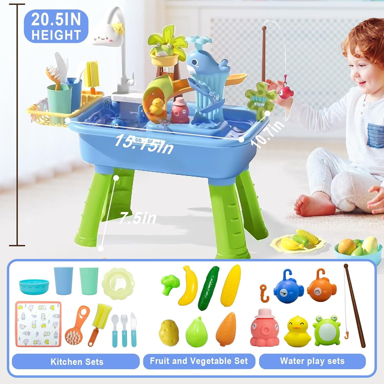 LINXUXIE 4-in-1 Toddler Sand Water Table, Kitchen Play Sink Toys with Electric Water Pump, Birthday Gifts for Kids 3-5 5-8 Year Old