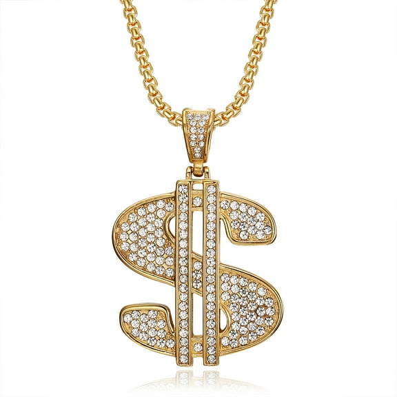 Hip Hop Bling Iced Out Solid 14K Yellow Gold Dollars Money Sign $ Pendants Necklaces for Men Rapper Jewelry