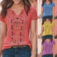 thumbnail image 2 of Uhndy Summer Women T-shirt V Neck Ethnic Print Short Sleeve Loose Top Blouse for Office-LQ, 2 of 6