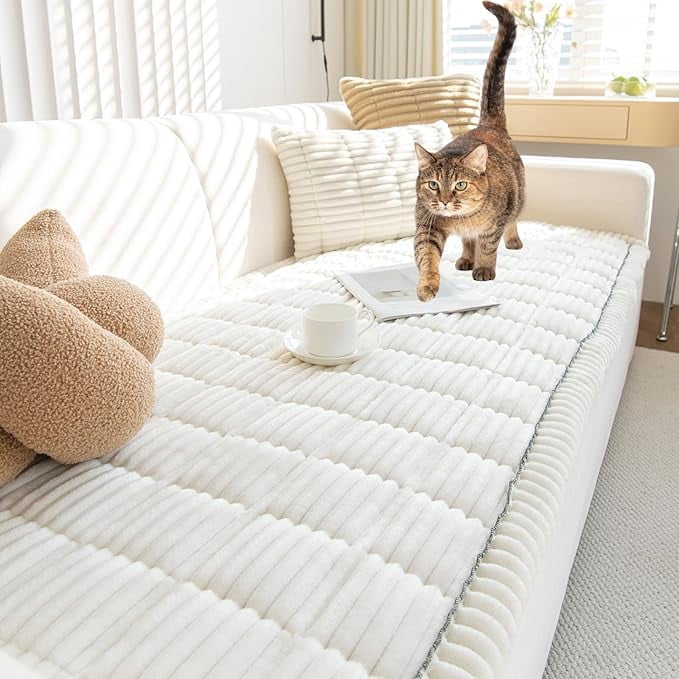 JIAN YA NA Anti Slip Couch Covers Sofa Mat, Thickened Corduroy Furniture Protector Mat, Washable Sofa Slipcover Dogs Pets Bed Pad (Milky White, 90x210cm)