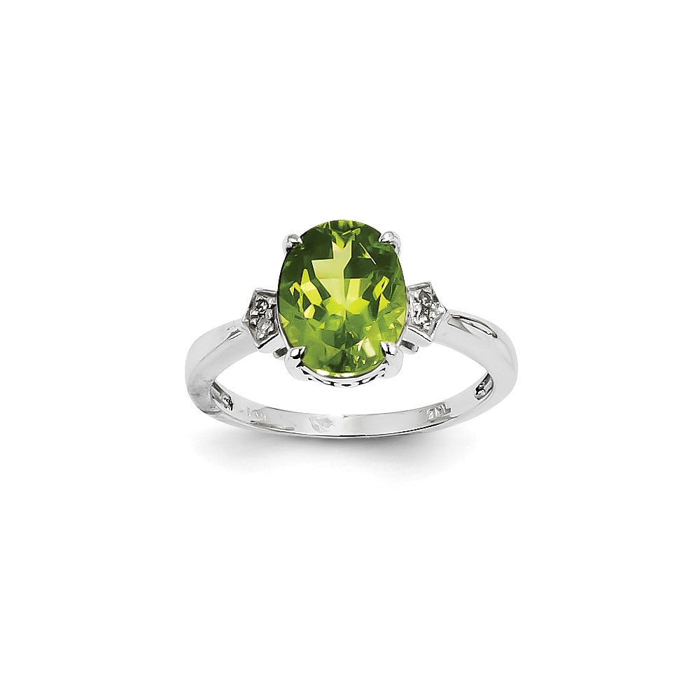 14K White Gold (0.02cttw) Diamond and Peridot Oval Ring Size-7 by