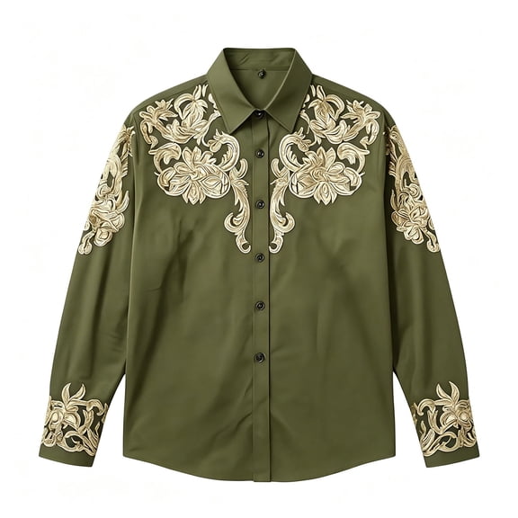 Hihipz Little Boys Shirt Solid Floral Embroidery Long Sleeve Collar Western Cowboy Casual Top