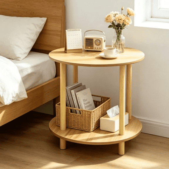 2-Tier Round End Table with Storage Shelf, Small Side Table for Living Room, Bedroom & Small Spaces, Wood Accent Nightstand with Sturdy Legs, Modern Round Corner Table for Lamp, Books & Home Décor
