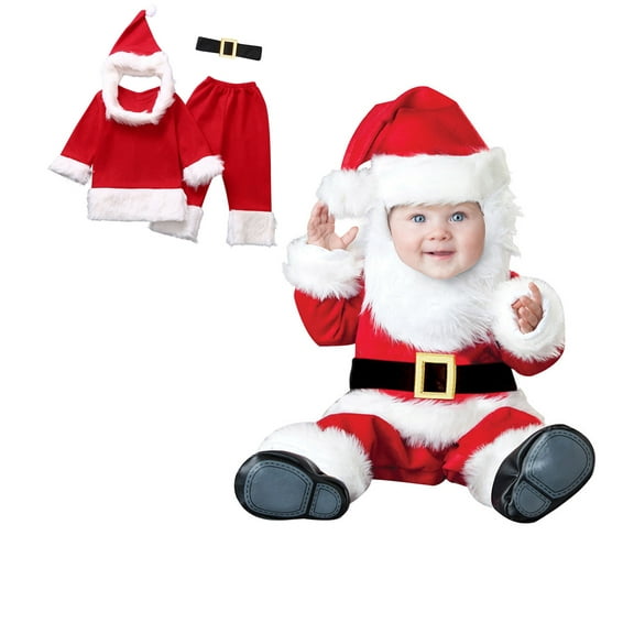 Santa Toddler Outfit Long Sleeve Tops Pants Hat Belt Toddler Xmas Santa Suit Set Toddler Christmas Outfits for Girls Party Dress Up 1-2 Years