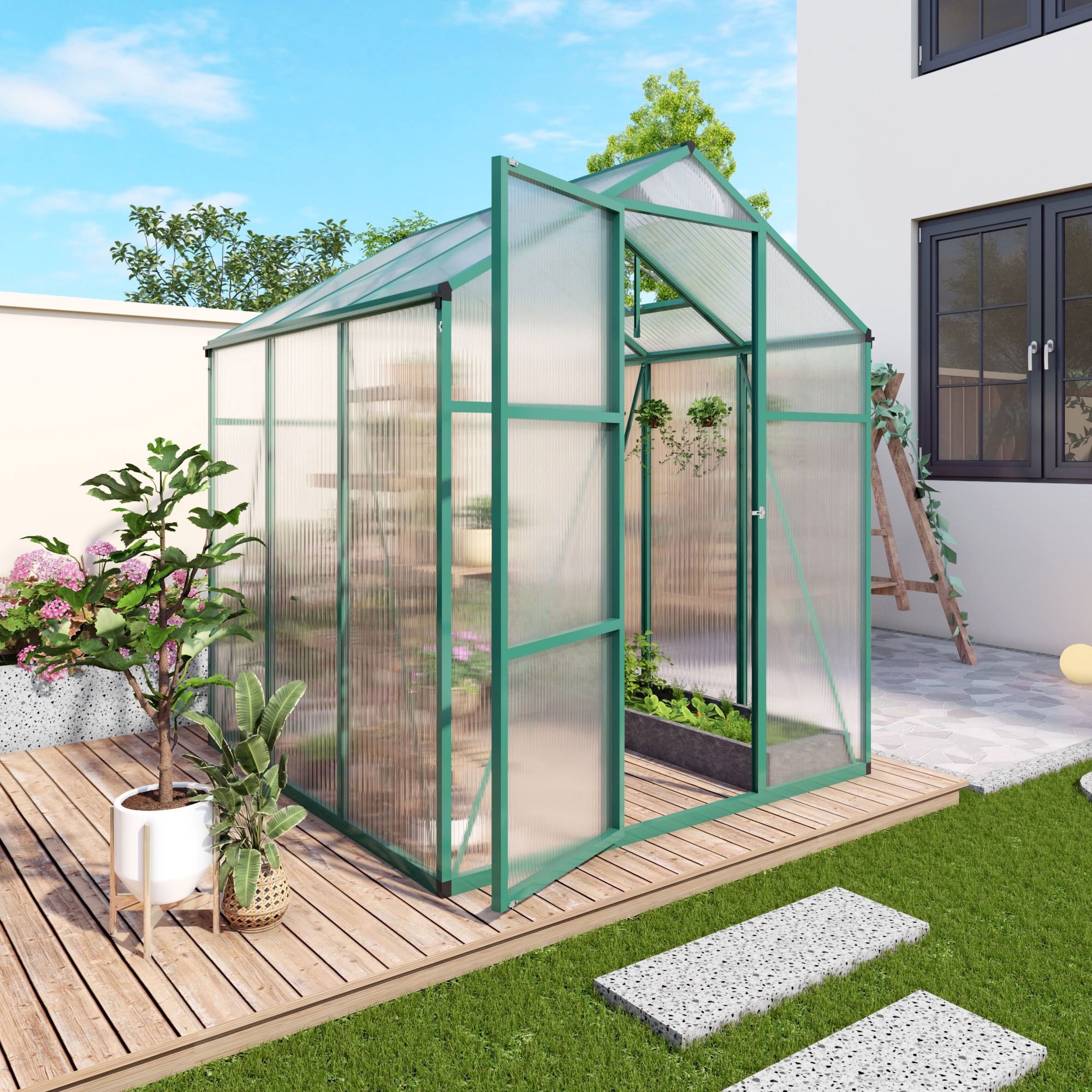 MAYEERTY 6x6 FT Walk-in Greenhouse with Raised Base, Aluminum Frame & Polycarbonate Panels, All-Season Outdoor Greenhouse