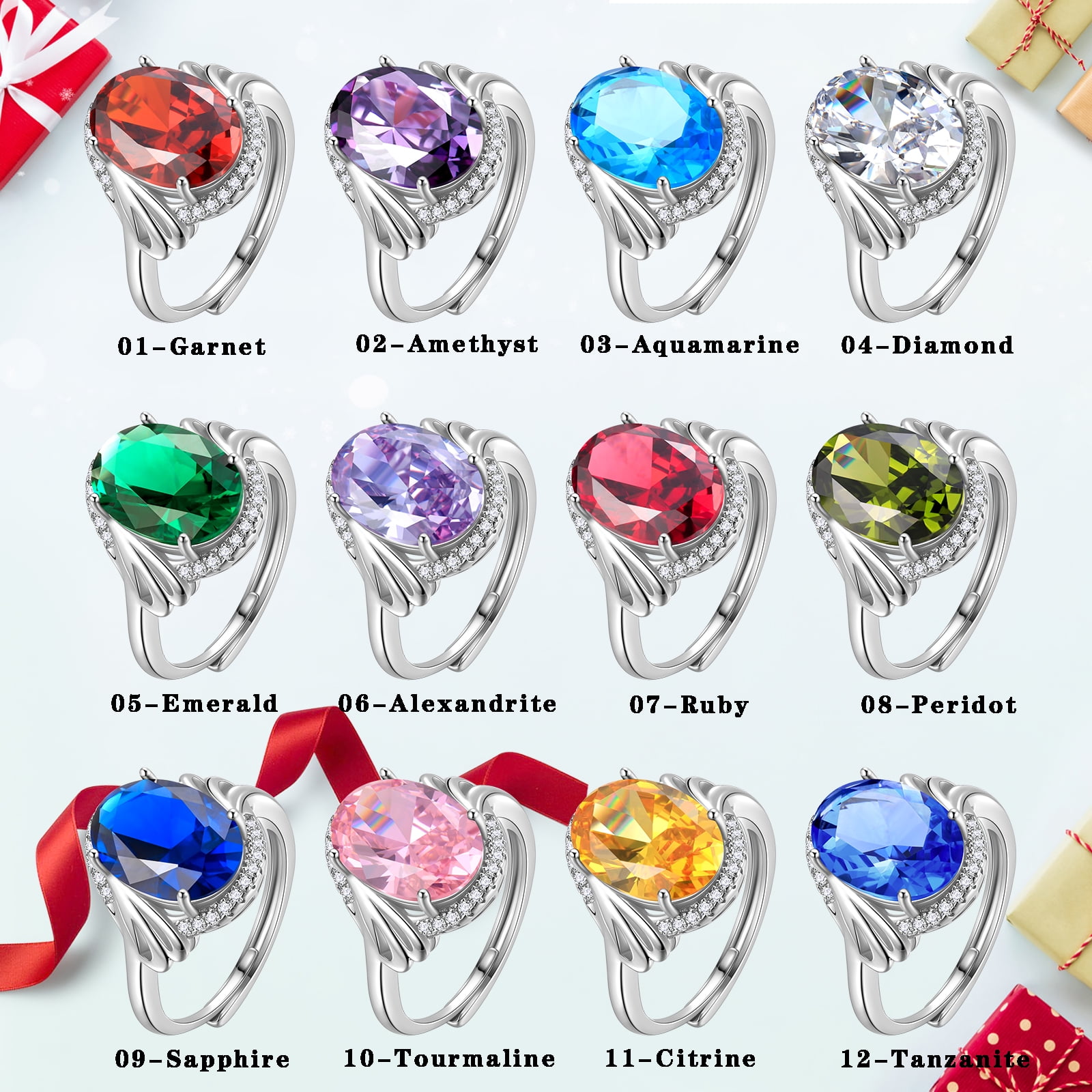 Juwaliy 8Ct Halo Oval Engagement Ring 925 Sterling Silver Women April Birthstone Diamond CZ Band Promise Bridal Jewelry Mother Birthday Gift