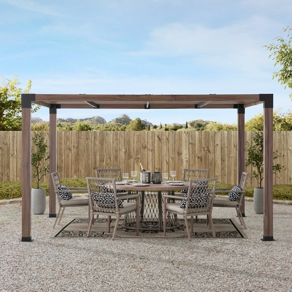 Sunjoy Outdoor Pergola 10 x 12 ft. Steel Frame Pergolas with Nature Wood Grain Finish for Patio, Garden and Backyard Activities