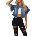thumbnail image 1 of Blusas de mezclilla INSPIRE CHIC para mujer, con volantes, de manga corta, livianas, con dobladillo peplum, camisa de mezclilla azul M, 1 of 1