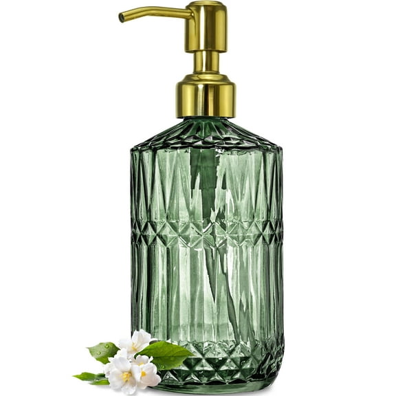 Green Glass Soap Dispenser 18Oz Capacity with Gold Rustproof Pump, Diamond-Cut Design for Kitchen Bathroom Sink, Hand Soap Dish Soap Lotion Dispenser, green