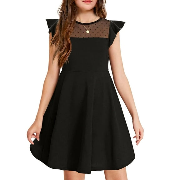 Arshiner Girls Dress Summer Ruffle Sleeve Mesh A Line Casual Party Dresses with Pockets 11-12 Years Black